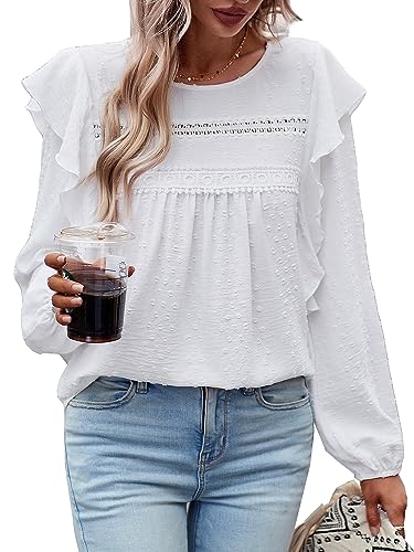 MYCOLORBLUE Blusen Tuniken für Damen Elegant Rüschenärmel Swiss Dot Spitzenbesatz Vorne Falten Streetwear Rundhals Hemdbluse Weiß L von MYCOLORBLUE