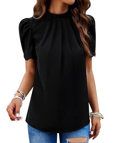 MYCOLORBLUE Damen Elegant Chiffon Blusen Tuniken Falten Stehkragen Tops Puffärmeln Shirts Streetwear Blusenshirt Oberteile Schwarz XXL von MYCOLORBLUE