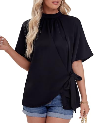 MYCOLORBLUE Damen Bluse Elegant Stehkragen Shirts Geschnürt Kurzarm Freizeitshirt Sommerbluse Tops Solid Schwarz L von MYCOLORBLUE