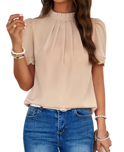 MYCOLORBLUE Damen Elegant Chiffon Blusen Tuniken Falten Stehkragen Tops Puffärmeln Shirts Streetwear Blusenshirt Oberteile Khaki S von MYCOLORBLUE