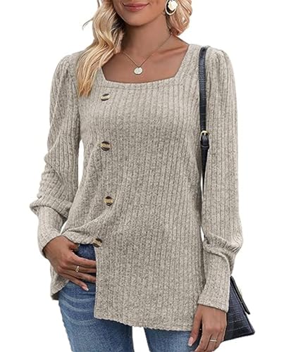 MYCOLORBLUE Damen Herbst Pullover Tunika Weich Stretch Langarm Deko Knöpfen Strickpullover T Shirt Aprikose L von MYCOLORBLUE