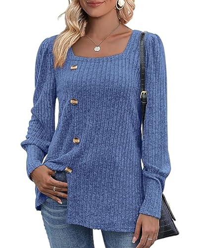 MYCOLORBLUE Damen Herbst Pullover Tunika Weich Stretch Langarm Deko Knöpfen Strickpullover T Shirt Blau L von MYCOLORBLUE