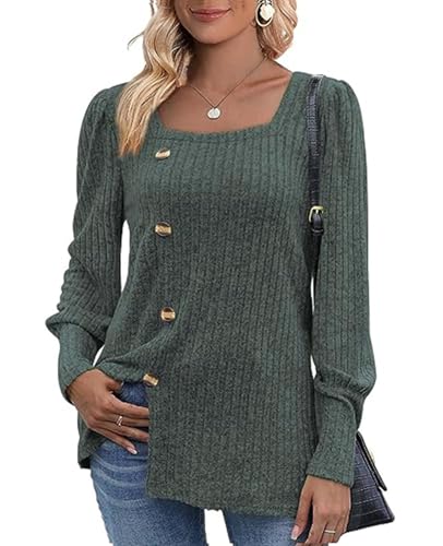 MYCOLORBLUE Damen Herbst Pullover Tunika Weich Stretch Langarm Deko Knöpfen Strickpullover T Shirt Grün XXL von MYCOLORBLUE