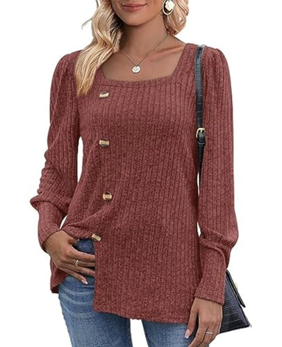 MYCOLORBLUE Damen Herbst Pullover Tunika Weich Stretch Langarm Deko Knöpfen Strickpullover T Shirt Orange XXL von MYCOLORBLUE