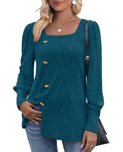 MYCOLORBLUE Damen Herbst Pullover Tunika Weich Stretch Langarm Deko Knöpfen Strickpullover T Shirt Pfau Blau XL von MYCOLORBLUE
