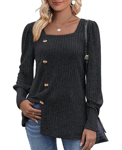 MYCOLORBLUE Damen Herbst Pullover Tunika Weich Stretch Langarm Deko Knöpfen Strickpullover T Shirt Schwarz XXL von MYCOLORBLUE
