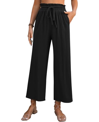 MYCOLORBLUE Damen Hose Sommer Weitem Bein Hohe Taille mit Taschen Palazzo Langhose Trousers Schwarz M von MYCOLORBLUE