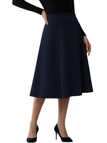 MYCOLORBLUE Damen Midi Röck A-Linie Elegant Solide Hohe Taille Flared Arbeit Casual Knielang Rock Navy L von MYCOLORBLUE