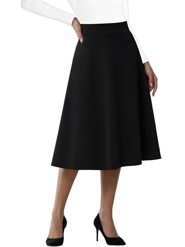 MYCOLORBLUE Damen Midi Röck A-Linie Elegant Solide Hohe Taille Flared Arbeit Casual Knielang Rock Schwarz M von MYCOLORBLUE