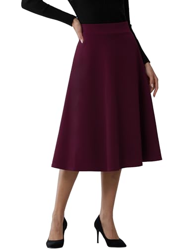 MYCOLORBLUE Damen Midi Röck A-Linie Elegant Solide Hohe Taille Flared Arbeit Casual Knielang Rock Weinrot L von MYCOLORBLUE