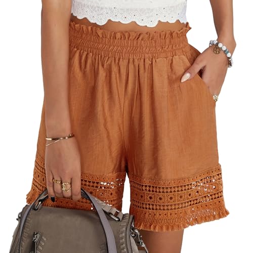 MYCOLORBLUE Damen Sommer Shorts Quasten Kurz Hose Elastisch Bund mit Taschen Casual Dressy Outfit Freizeitshorts Strandhosen Orange L von MYCOLORBLUE