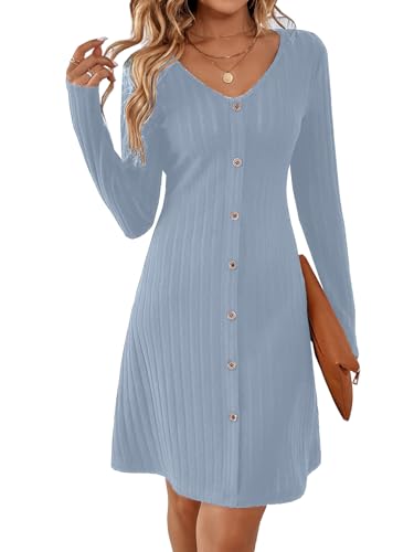MYCOLORBLUE Damen Strickkleider A Linie Kleider V-Ausschnitt Langarm Deko Knopf Gestreift Vintage Täglich Minikleid Hellblau XXL von MYCOLORBLUE