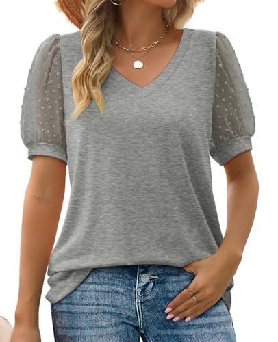 MYCOLORBLUE Damen T-Shirt Sommer V Ausschnitt Swiss Dot Puff Kurzarm Locker Freizeit Oberteile Grau L von MYCOLORBLUE