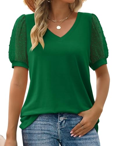 MYCOLORBLUE Damen T-Shirt Sommer V Ausschnitt Swiss Dot Puff Kurzarm Locker Freizeit Oberteile Grün L von MYCOLORBLUE