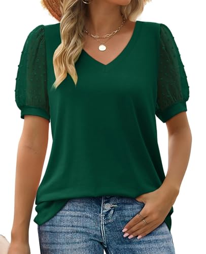 MYCOLORBLUE Damen Tunika T-Shirt Sommer V Ausschnitt Swiss Dot Puff Kurzarm Locker Freizeit Oberteile Grün XXL von MYCOLORBLUE