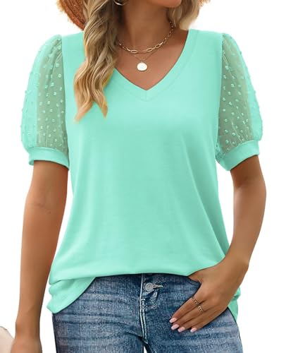 MYCOLORBLUE Damen T-Shirt Sommer V Ausschnitt Swiss Dot Puff Kurzarm Locker Freizeit Oberteile Hellgrün L von MYCOLORBLUE