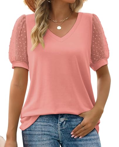 MYCOLORBLUE Damen Tunika T-Shirt Sommer V Ausschnitt Swiss Dot Puff Kurzarm Locker Freizeit Oberteile Rosa S von MYCOLORBLUE