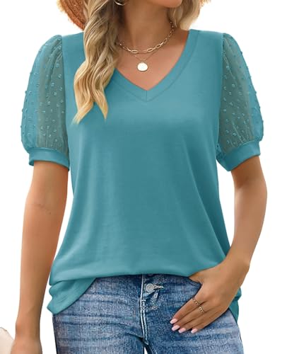 MYCOLORBLUE Damen Tunika T-Shirt Sommer V Ausschnitt Swiss Dot Puff Kurzarm Locker Freizeit Oberteile Teal S von MYCOLORBLUE