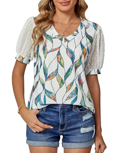 MYCOLORBLUE Damen Tunika T-Shirt Sommer V Ausschnitt Swiss Dot Puff Kurzarm Locker Freizeit Oberteile Weiß Grün XL von MYCOLORBLUE