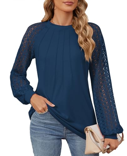 MYCOLORBLUE Damen Tuniken Langarmshirt Rundhals Spitze Langarm Vorne Falten Streetwear T-Shirt Oberteile Blau L von MYCOLORBLUE