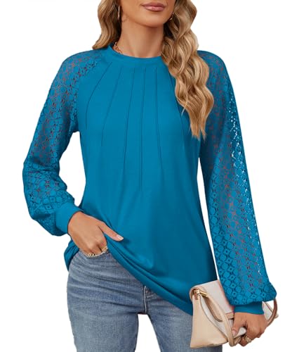 MYCOLORBLUE Damen Tuniken Langarmshirt Rundhals Spitze Langarm Vorne Falten Streetwear T-Shirt Oberteile Pfauenblau L von MYCOLORBLUE