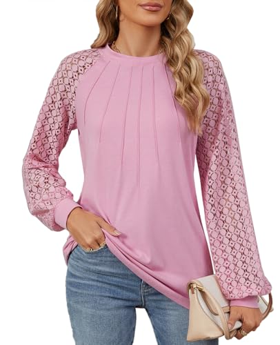 MYCOLORBLUE Damen Tuniken Langarmshirt Rundhals Spitze Langarm Vorne Falten Streetwear T-Shirt Oberteile Rosa L von MYCOLORBLUE