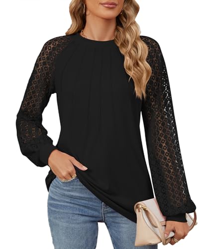 MYCOLORBLUE Damen Tuniken Langarmshirt Rundhals Spitze Langarm Vorne Falten Streetwear T-Shirt Oberteile Schwarz S von MYCOLORBLUE