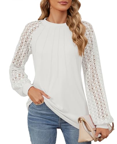 MYCOLORBLUE Damen Tuniken Langarmshirt Rundhals Spitze Langarm Vorne Falten Streetwear T-Shirt Oberteile Weiß L von MYCOLORBLUE