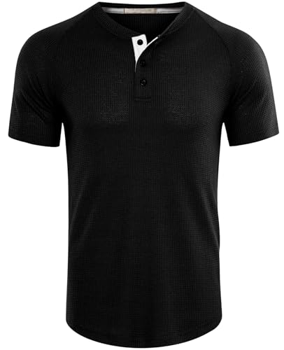MYCOLORBLUE Herren Henley Shirts Sommer Kurzarm mit Knopfplatzierung T-Shirt Schwarz S von MYCOLORBLUE