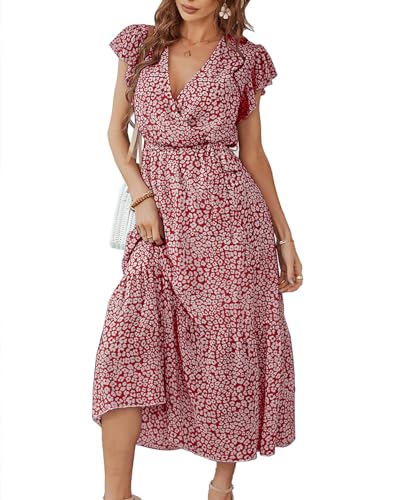 MYCOLORBLUE Kleider Damen Sommer Chiffonkleider Rüschenärmel V Ausschnitt A-Linie mit Bindegürtel Boho Swing-Kleid Rot S von MYCOLORBLUE