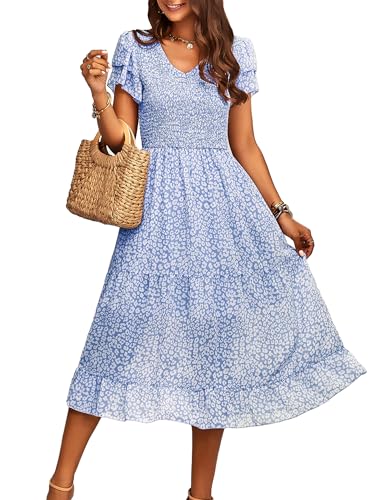 MYCOLORBLUE Sommer Kleider Damen V Ausschnitt Rüschenärmel A-Linie Tiered Shopping Swing Kleid Blau XXL von MYCOLORBLUE