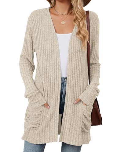 MYCOLORBLUE Strickjacken für Damen Elegant Cardigan Gestrickt Stretch Langarm Strickcardigan Tops mit Taschen Beige M von MYCOLORBLUE