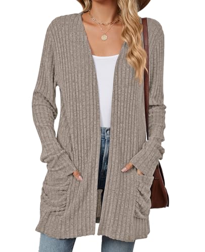 MYCOLORBLUE Strickjacken für Damen Elegant Cardigan Gestrickt Stretch Langarm Strickcardigan Tops mit Taschen Khaki M von MYCOLORBLUE