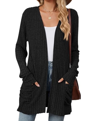 MYCOLORBLUE Strickjacken für Damen Elegant Cardigan Gestrickt Stretch Langarm Strickcardigan Tops mit Taschen Schwarz XL von MYCOLORBLUE