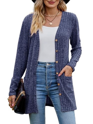 MYCOLORBLUE Strickjacken für Damen Elegant Gerippt Cardigan Langarm Knopfleiste mit Taschen Strickcardigan Dunkelblau S von MYCOLORBLUE
