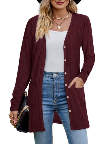 MYCOLORBLUE Strickjacken für Damen Elegant Gerippt Cardigan Langarm Knopfleiste mit Taschen Strickcardigan Weinrot L von MYCOLORBLUE