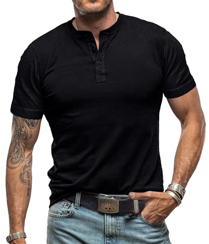 MYCOLORBLUE T-Shirts für Herren Henley Ausschnitt Kurzarm mit Knopfleiste Leicht Basic Tops Casual Outfit Freizeitshirt Schwarz L von MYCOLORBLUE