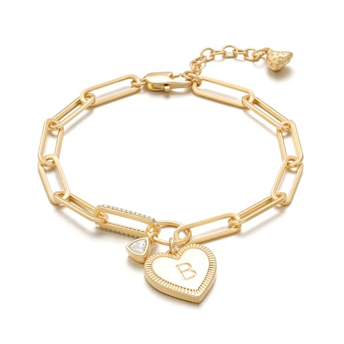 MYEARS Charm-Armband für Damen, goldener Buchstabe B, Buchstabe B, mit dreieckigem Zirkonia, 14 Karat, schlichte, zierliche Büroklammer-Gliederkette, Alphabet, personalisiertes Schmuckgeschenk MYEARS Charm-Armband für Damen, goldener Buchstabe B, Buchstabe B, mit dreieckigem Zirkonia, 14 Karat, schlichte, zierliche Büroklammer-Gliederkette, Alphabet, personalisiertes Schmuckgeschenk von MYEARS