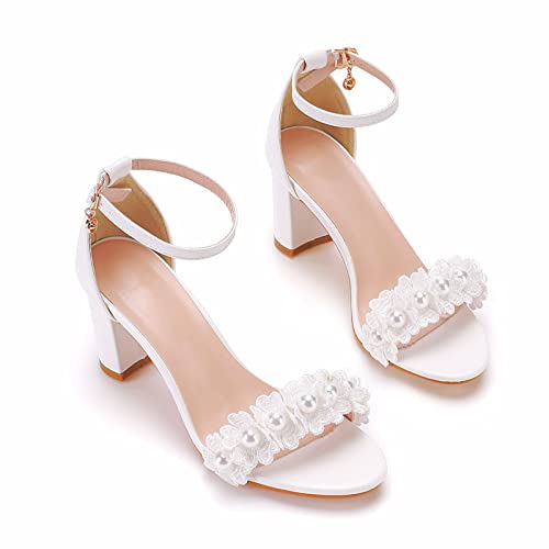 Hochzeitsschuhe Sandalen 7 cm Runde Zehe Quadratischer Absatz Dicke Ferse Flacher Mund Sandalen Perlen Blume Braut Hochzeit High Heel Sandalen,White 4cm,38 EU von MYFSPORTS