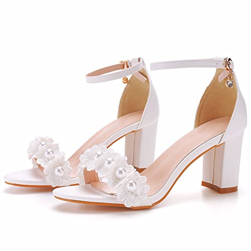 Hochzeitsschuhe Sandalen 7 cm Runde Zehe Quadratischer Absatz Dicke Ferse Flacher Mund Sandalen Perlen Blume Braut Hochzeit High Heel Sandalen,White 7cm,38 EU von MYFSPORTS