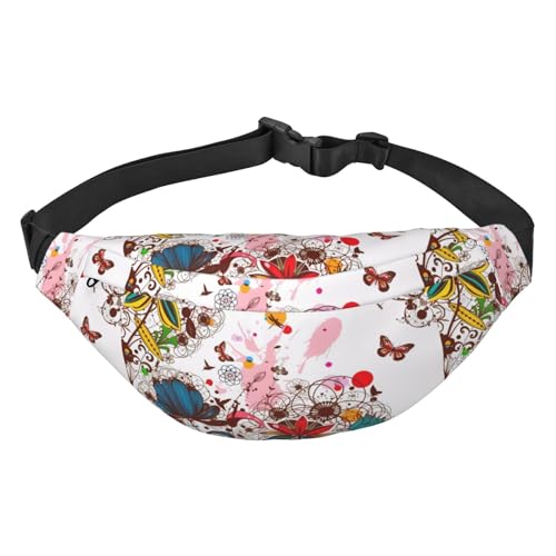 Bunte, verstellbare Gürteltasche für Herren und Damen, mit Blumen- und Schmetterlingsmotiv, für Wandern, Reisen, Laufen, groß, wasserdicht, Umhängetasche, Schwarz , Einheitsgröße von MYGANN