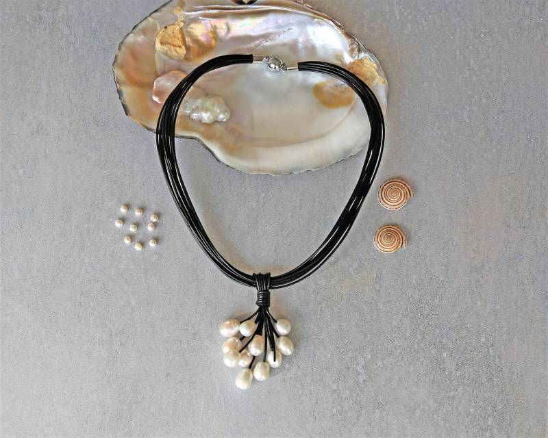 12-13 Mm Aa Qualität Süßwasserzuchtperle Multi Leder Strang Halskette. Perlencluster von MYGEMSROCK