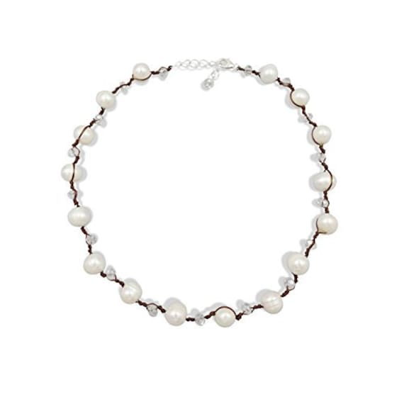 Mgr Sterling Silber Weiße Süßwasser-Zuchtperlen-Halskette | 10.5-11 Mm Mit Kristallperlen Geknotet. Braut Perlenkette, Free-Versand von MYGEMSROCK