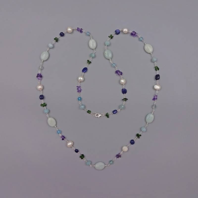 Perfekte Lange Multi-stein Wire Wrapping Halskette. Süsswasserperle, Blauer Achat, Chromdiopsid, Ametrin - Und Aquamarinsplitter von MYGEMSROCK