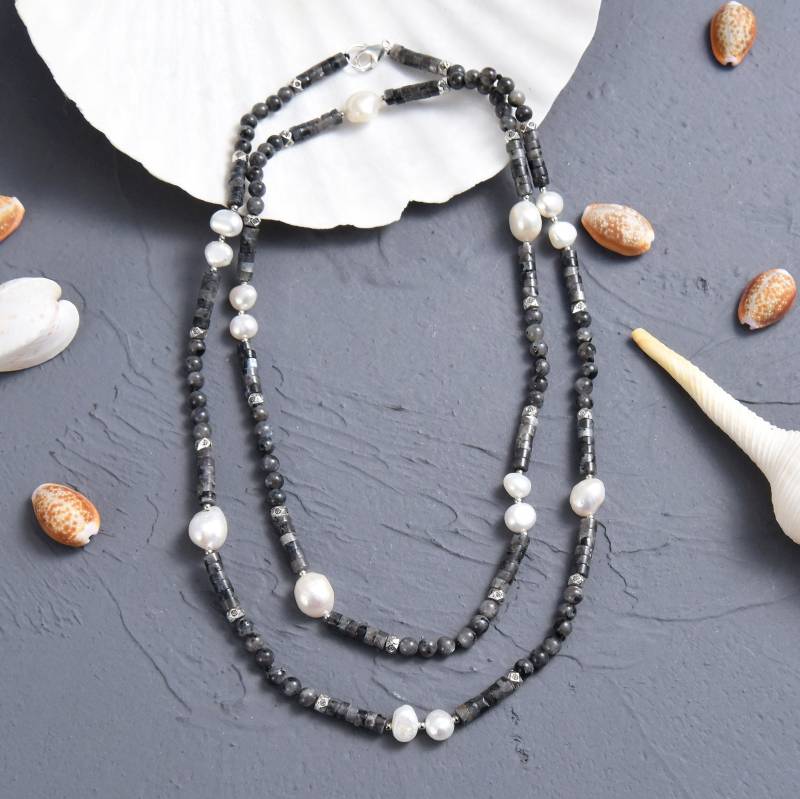 Perle & Labradorit Perlen Halskette. Edelstein Station Lange Multistein-Halskette Oder Multi-Strang-Halskette. Geschenk Für Mama von MYGEMSROCK