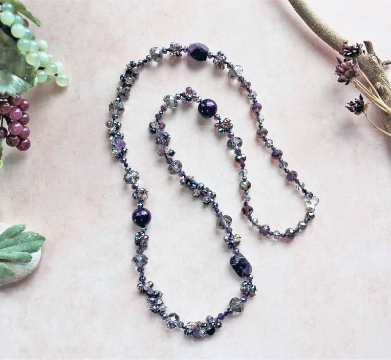 Perlen Multi-Stein Halskette; Lange Halskette. Lange Violette Edelsteinkette. Handgemachte Statement-Halskette von MYGEMSROCK