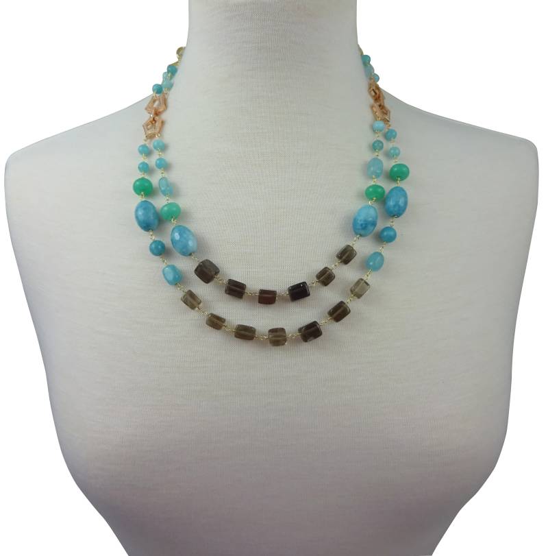 Rauchquarz Und Blauquarz Layered Halskette. Erdigen Ton Multi Strang Edelstein Statement von MYGEMSROCK