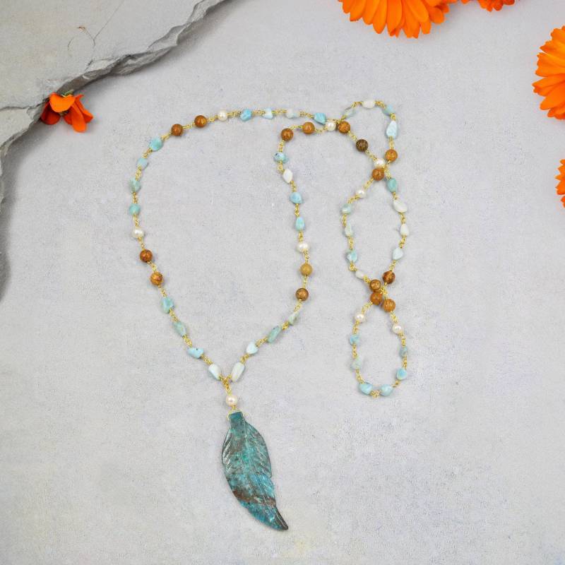 Rosenkranz Stil Larimar, Landschafts Jaspis Und Zuchtperlen Wire Wrapping Halskette Mit Ozean Feder Anhänger. Larimar Halskette von MYGEMSROCK