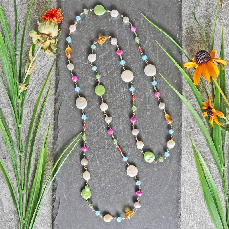 Rosenkranz Stil Perlen Kette Süßwasser Perle Und Kristalle Lange Wire Wrapping Halskette. Mehrfarbige Münzperlenkette von MYGEMSROCK