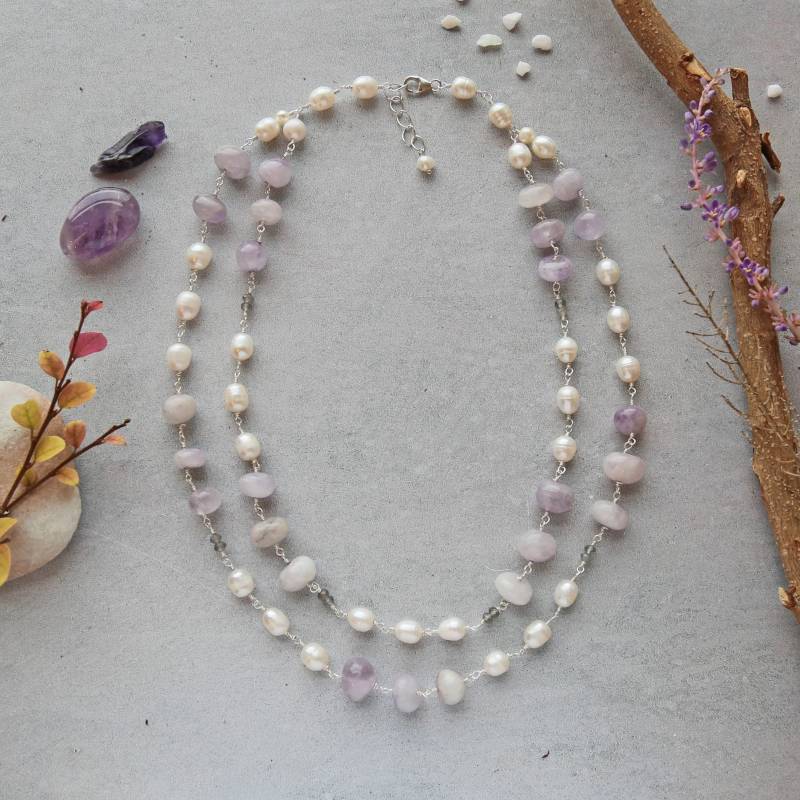 Rosenkranz-stil Perlenkette Echter Amethyst Und Süßwasserzuchtperle Wire Wrapping Halskette Mit Nicht Anlaufendem Silber, 19" von MYGEMSROCK